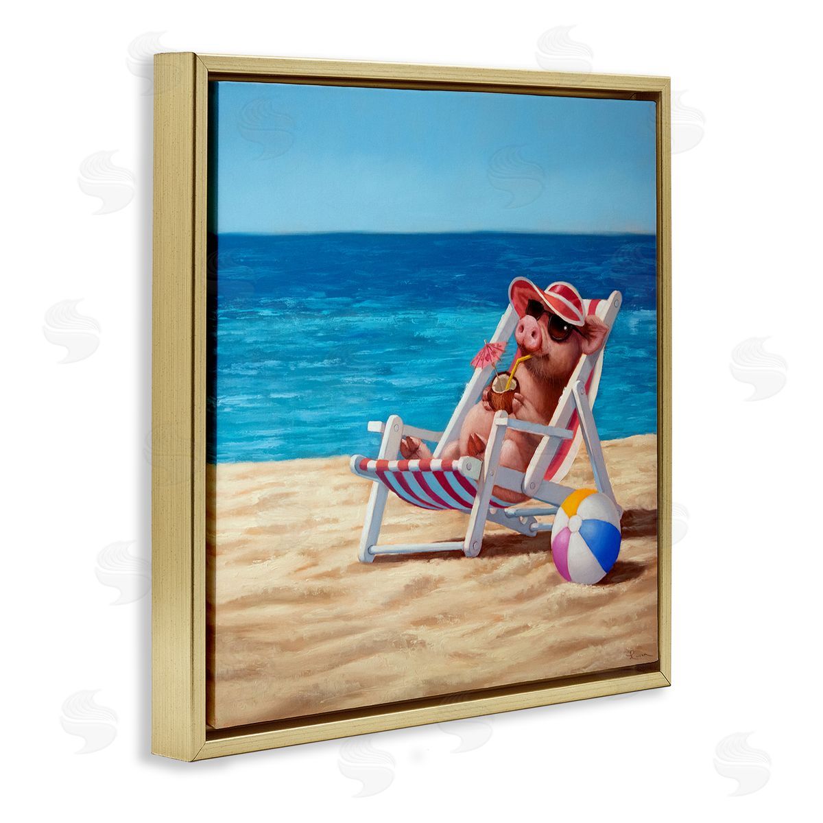 Pig with Beach Cocktail Gold Floating Frame Canvas Wall Art, Home Decor by Lucia Heffernan