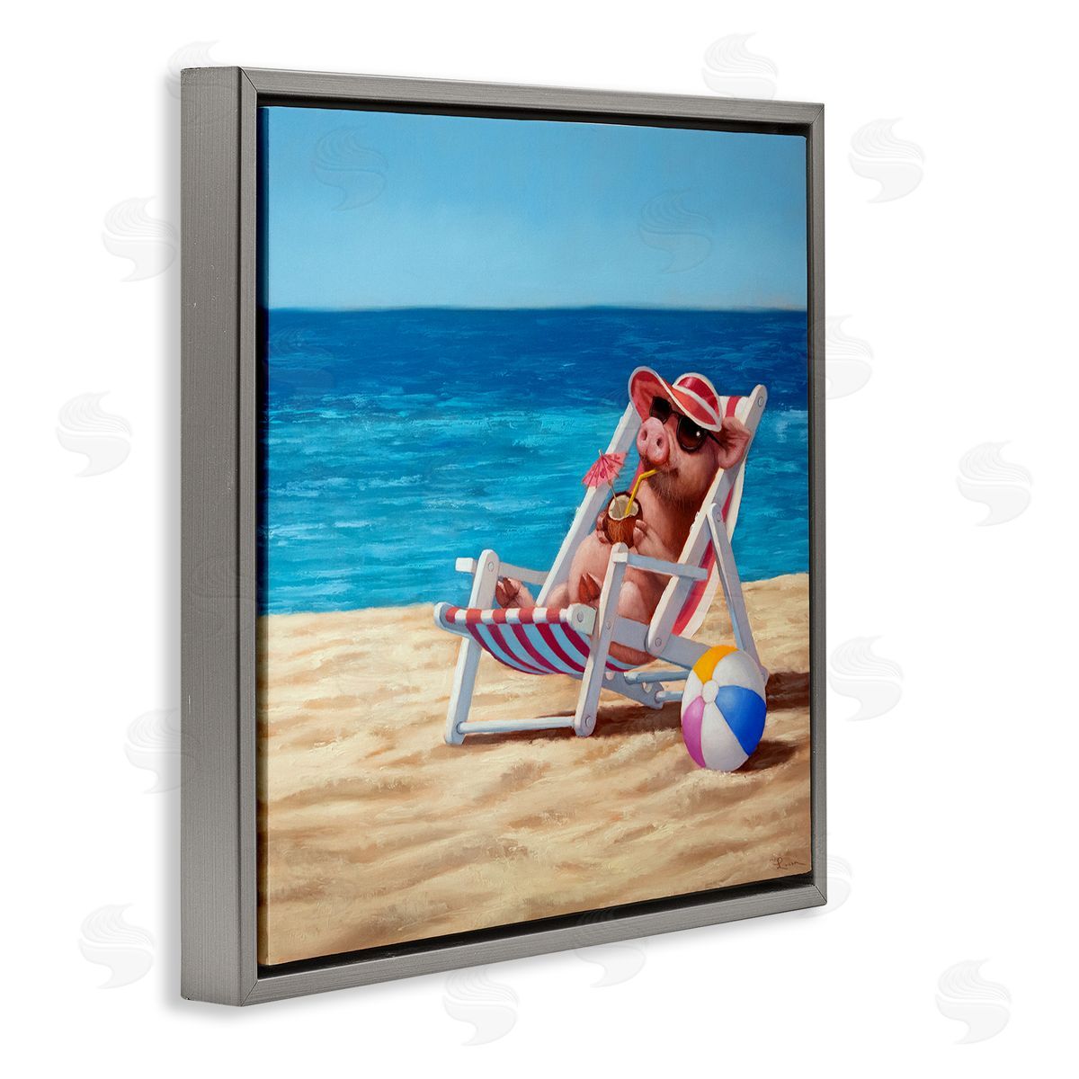 Pig with Beach Cocktail Grey Floating Frame Canvas Wall Art, Home Decor by Lucia Heffernan
