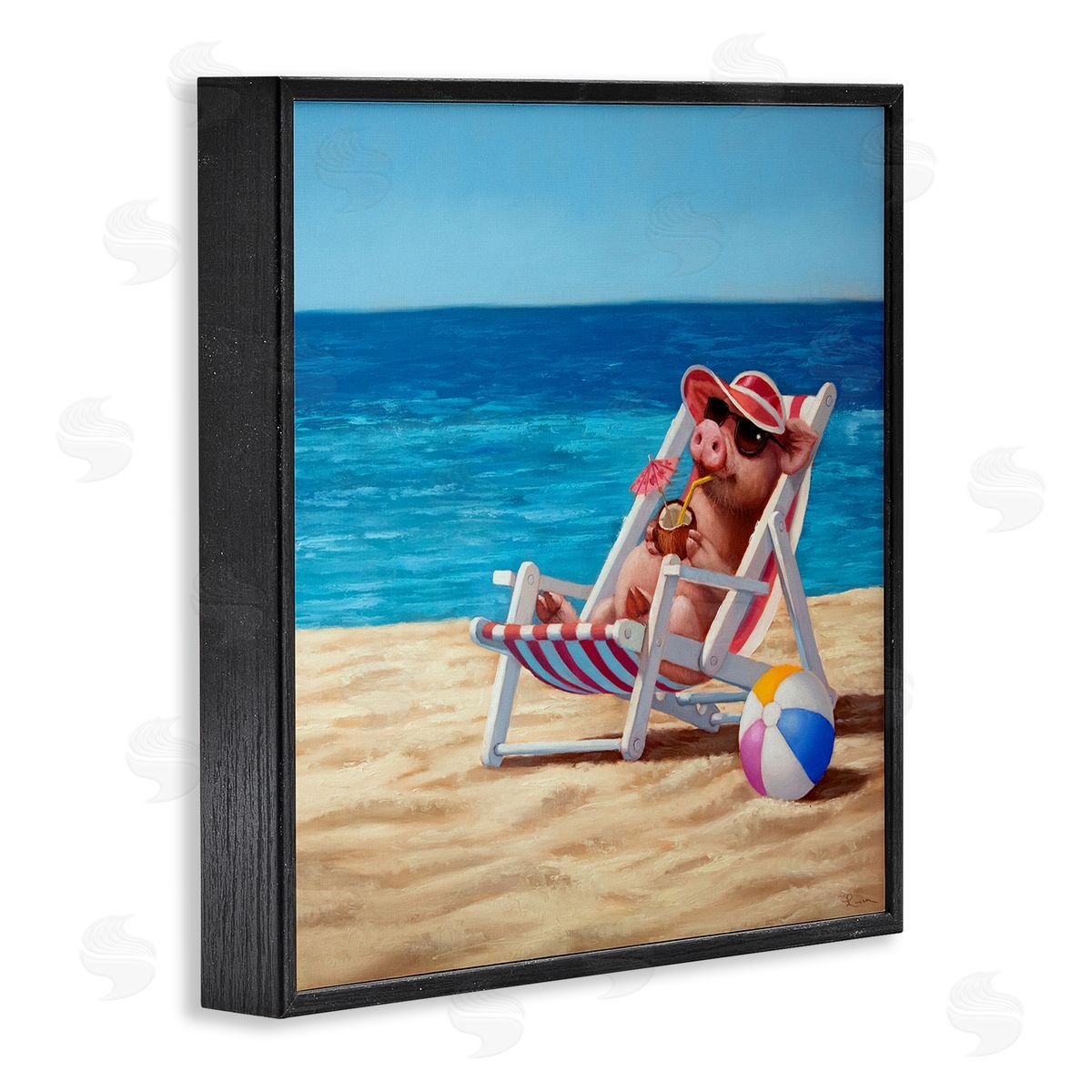 Pig with Beach Cocktail Black Frame Print Wall Art, Home Decor by Lucia Heffernan