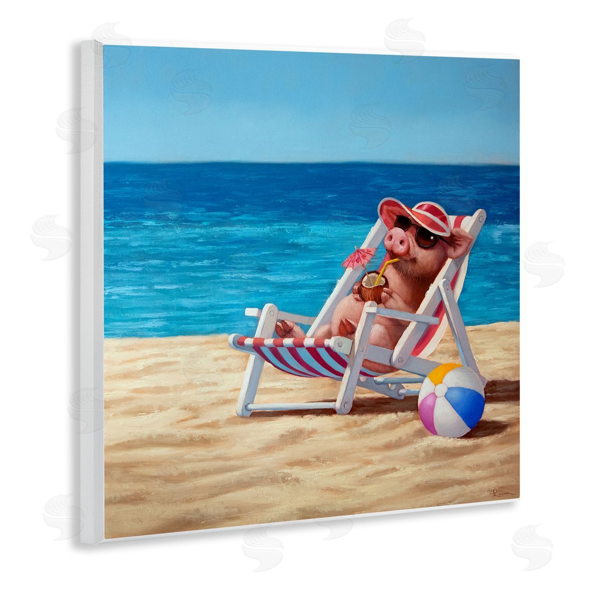 Pig with Beach Cocktail Wood Plaque Wall Art, Home Decor by Lucia Heffernan