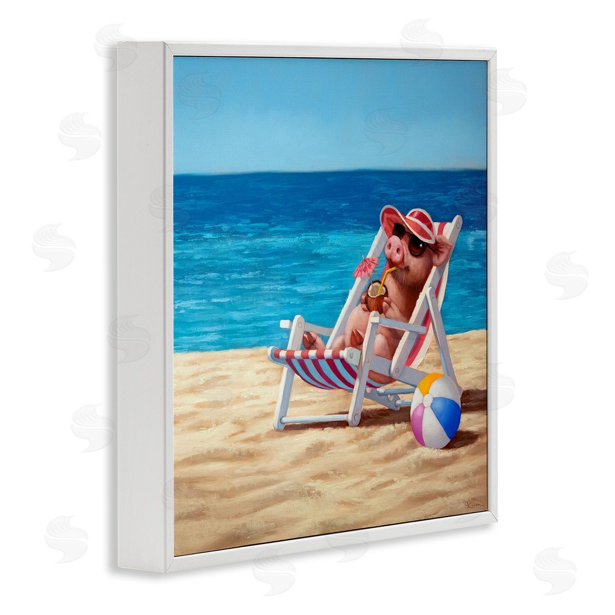 Pig with Beach Cocktail White Frame Print Wall Art, Home Decor by Lucia Heffernan