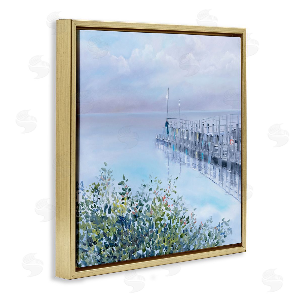 Foggy Harbor Dock Gold Floating Frame Canvas Wall Art, Home Decor by Meredith Howse