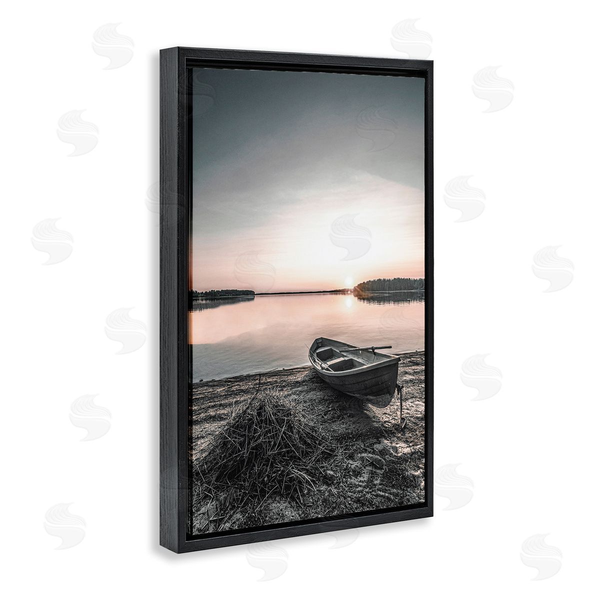 Deserted Canoe on Shore Black Floating Frame Canvas Wall Art, Home Decor by Incado
