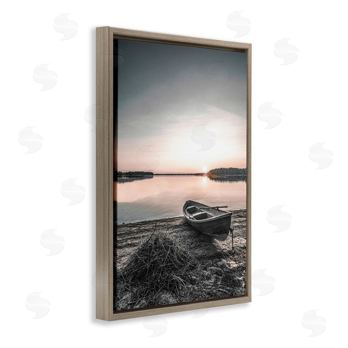 Deserted Canoe on Shore Brown Floating Frame Canvas Wall Art, Home Decor by Incado