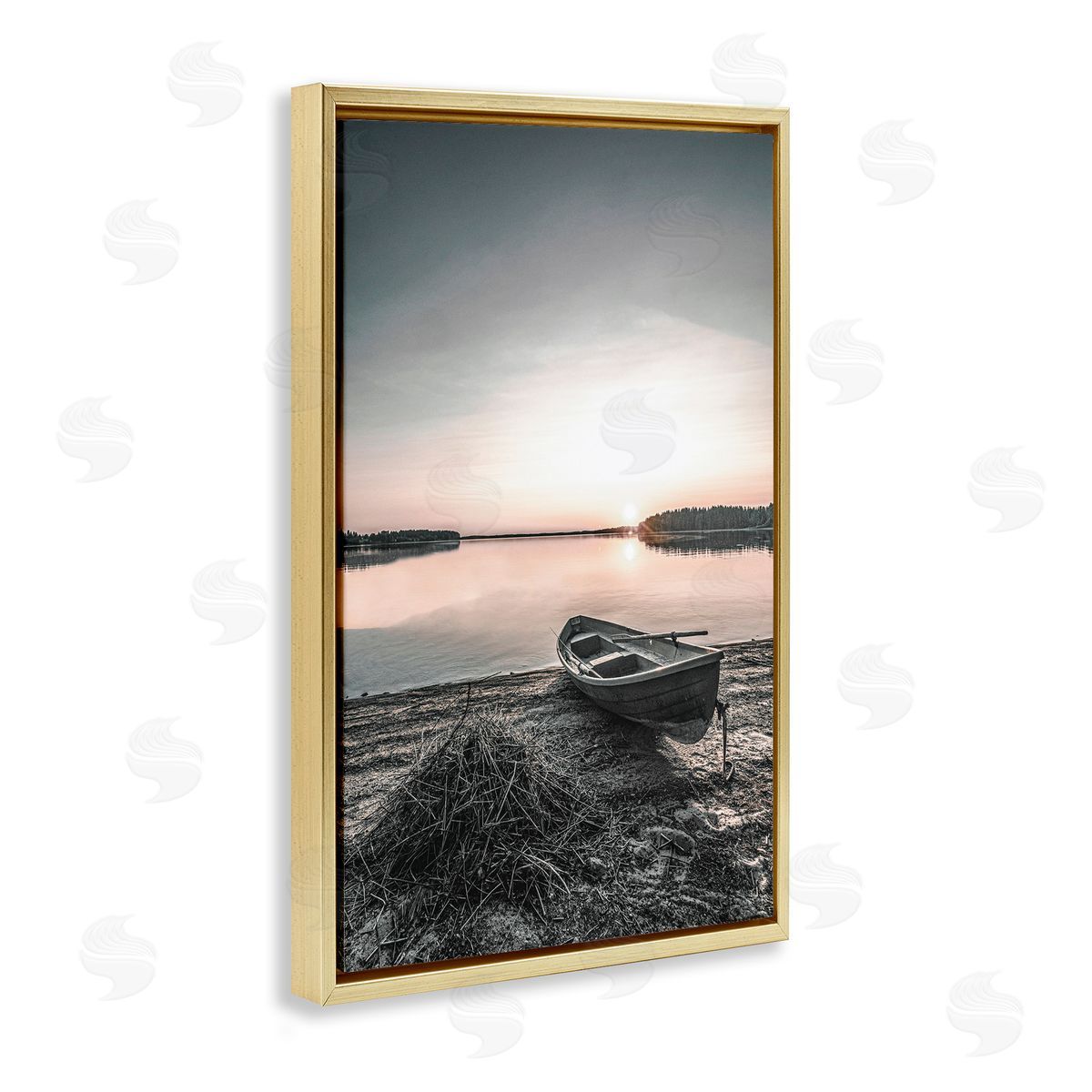 Deserted Canoe on Shore Gold Floating Frame Canvas Wall Art, Home Decor by Incado