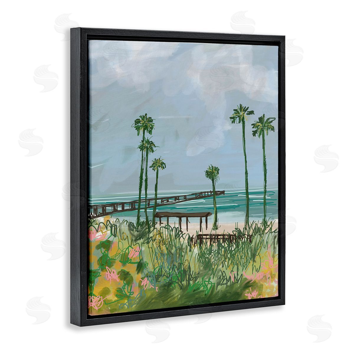 Palm Trees Dock Scene Black Floating Frame Canvas Wall Art, Home Decor by Jan Weiss