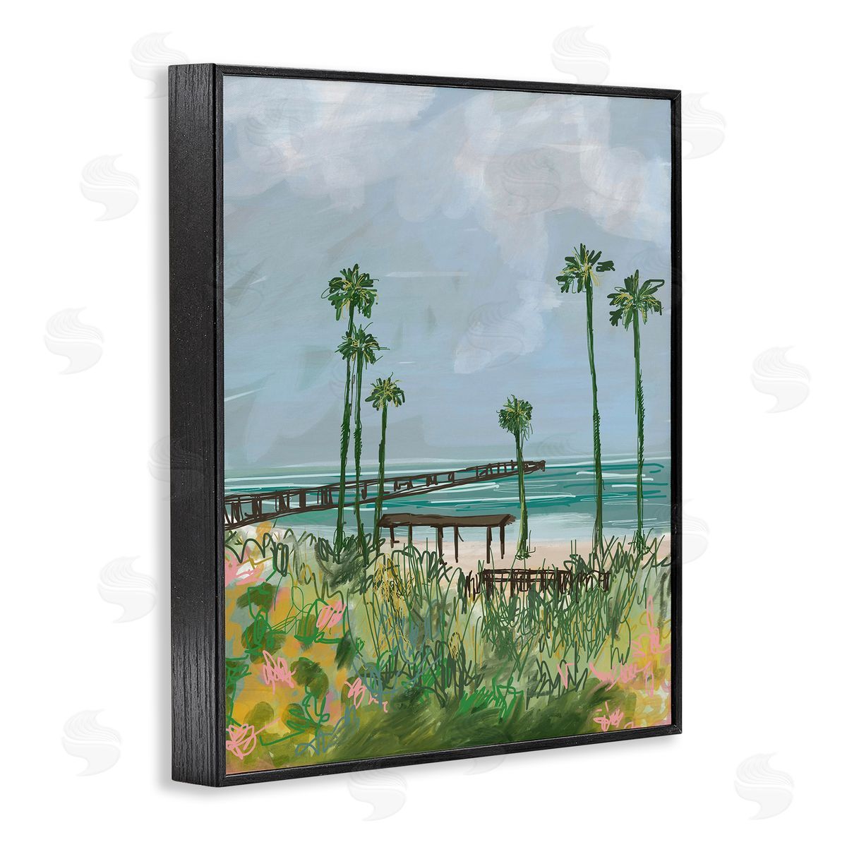 Palm Trees Dock Scene Black Frame Print Wall Art, Home Decor by Jan Weiss