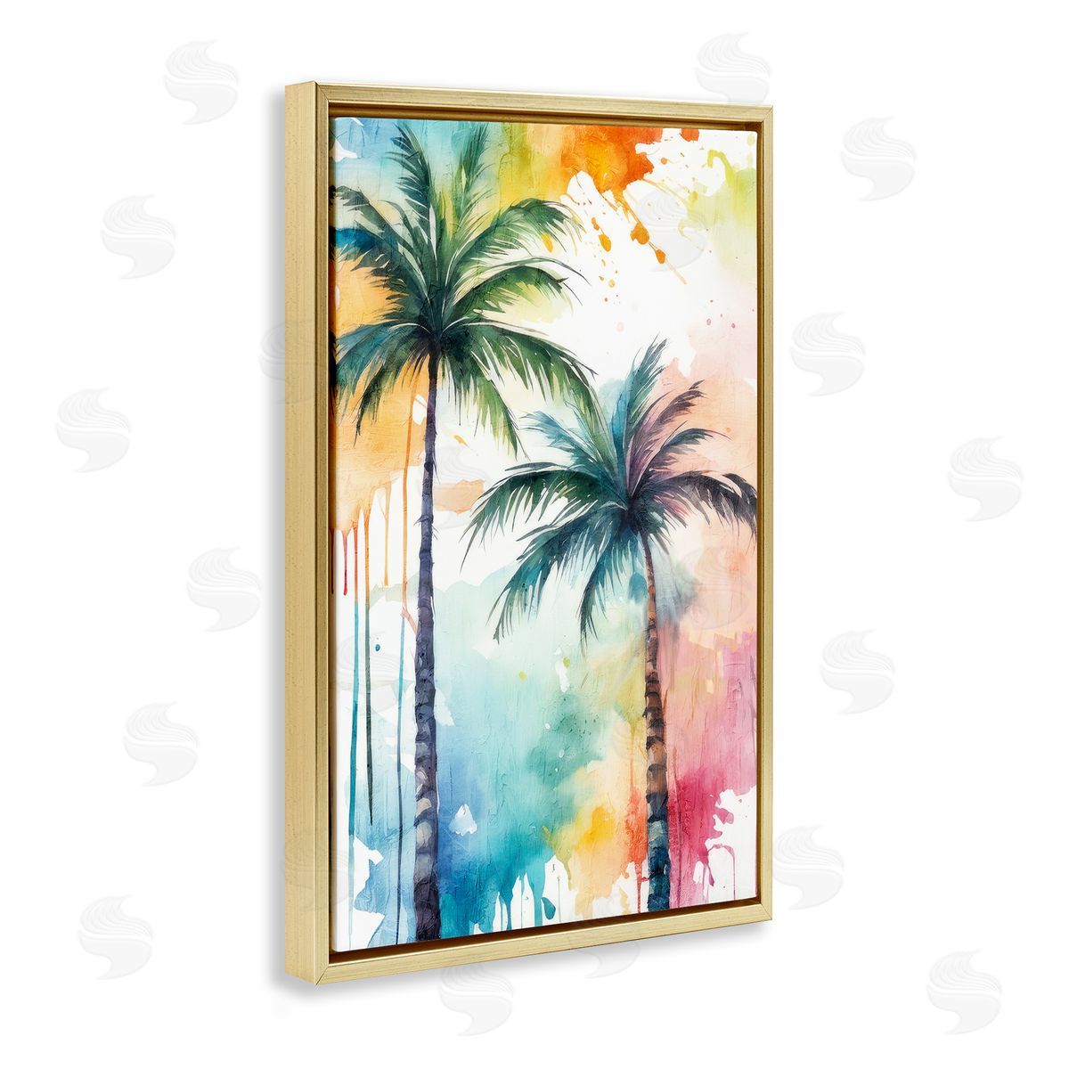 Paint Splash Palms Gold Floating Frame Canvas Wall Art, Home Decor by Kim Allen