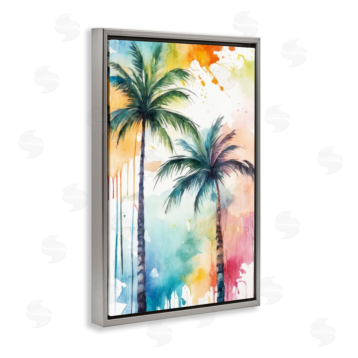 Paint Splash Palms Grey Floating Frame Canvas Wall Art, Home Decor by Kim Allen