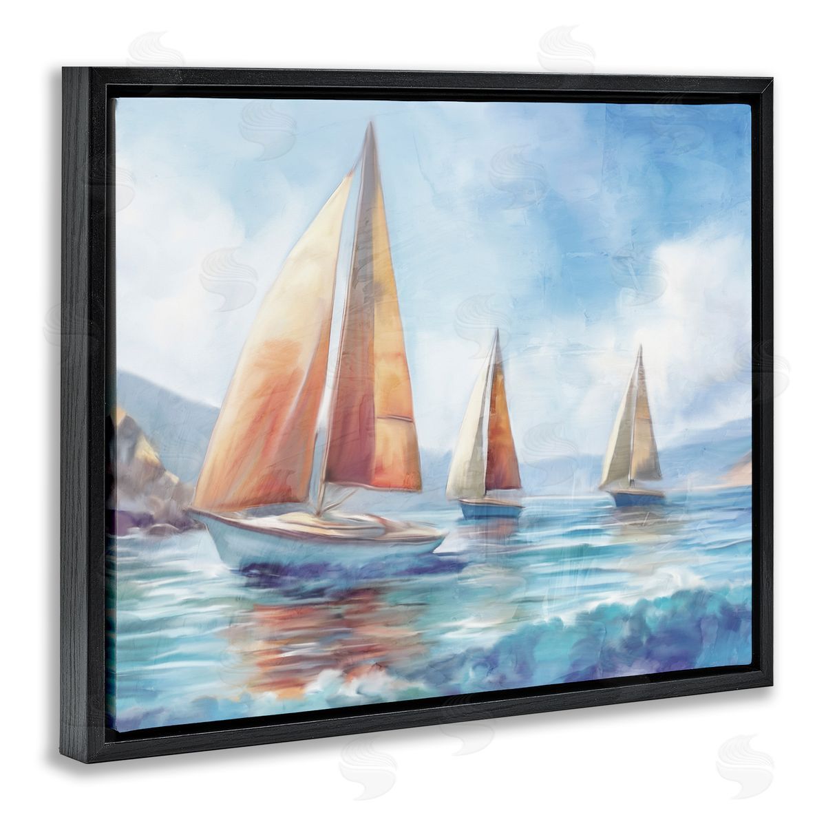 Three Boats Drifting Black Floating Frame Canvas Wall Art, Home Decor by Kim Allen