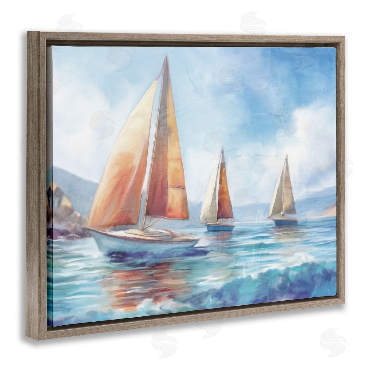 Three Boats Drifting Brown Floating Frame Canvas Wall Art, Home Decor by Kim Allen