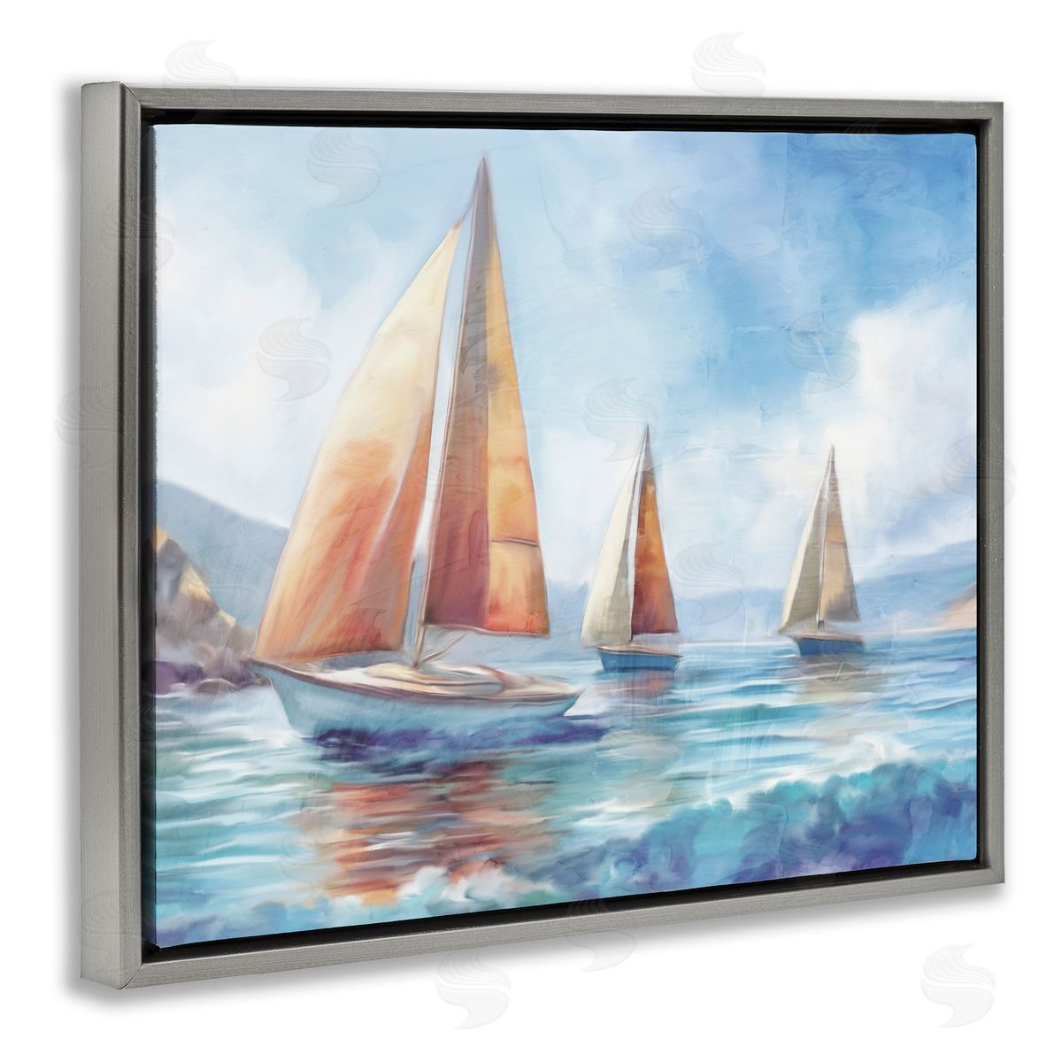 Three Boats Drifting Grey Floating Frame Canvas Wall Art, Home Decor by Kim Allen