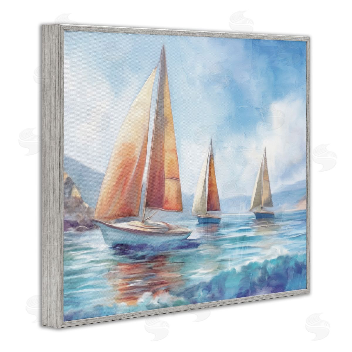 Three Boats Drifting Grey Frame Print Wall Art, Home Decor by Kim Allen