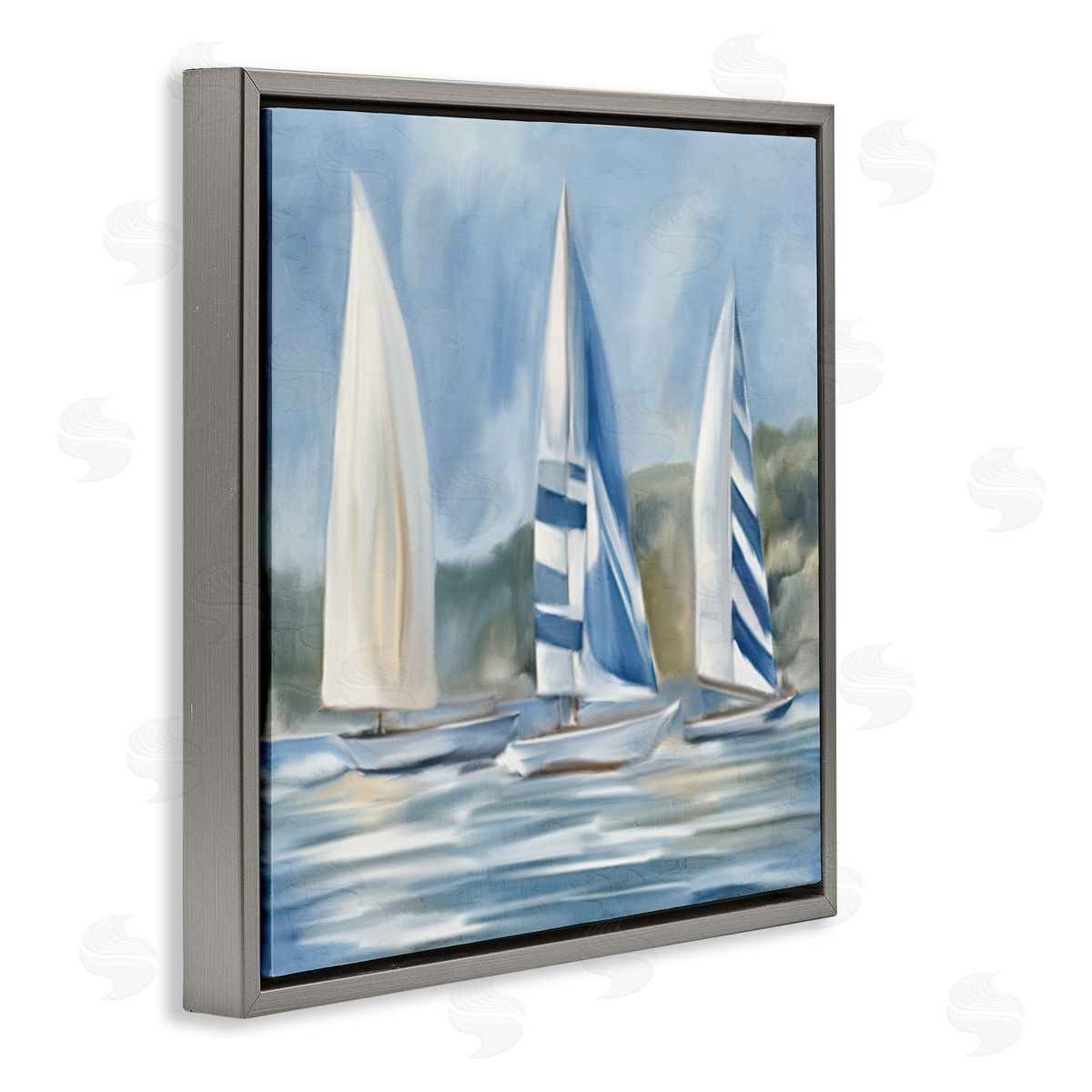 Sailboat Trio Drifting Grey Floating Frame Canvas Wall Art, Home Decor by Kim Allen
