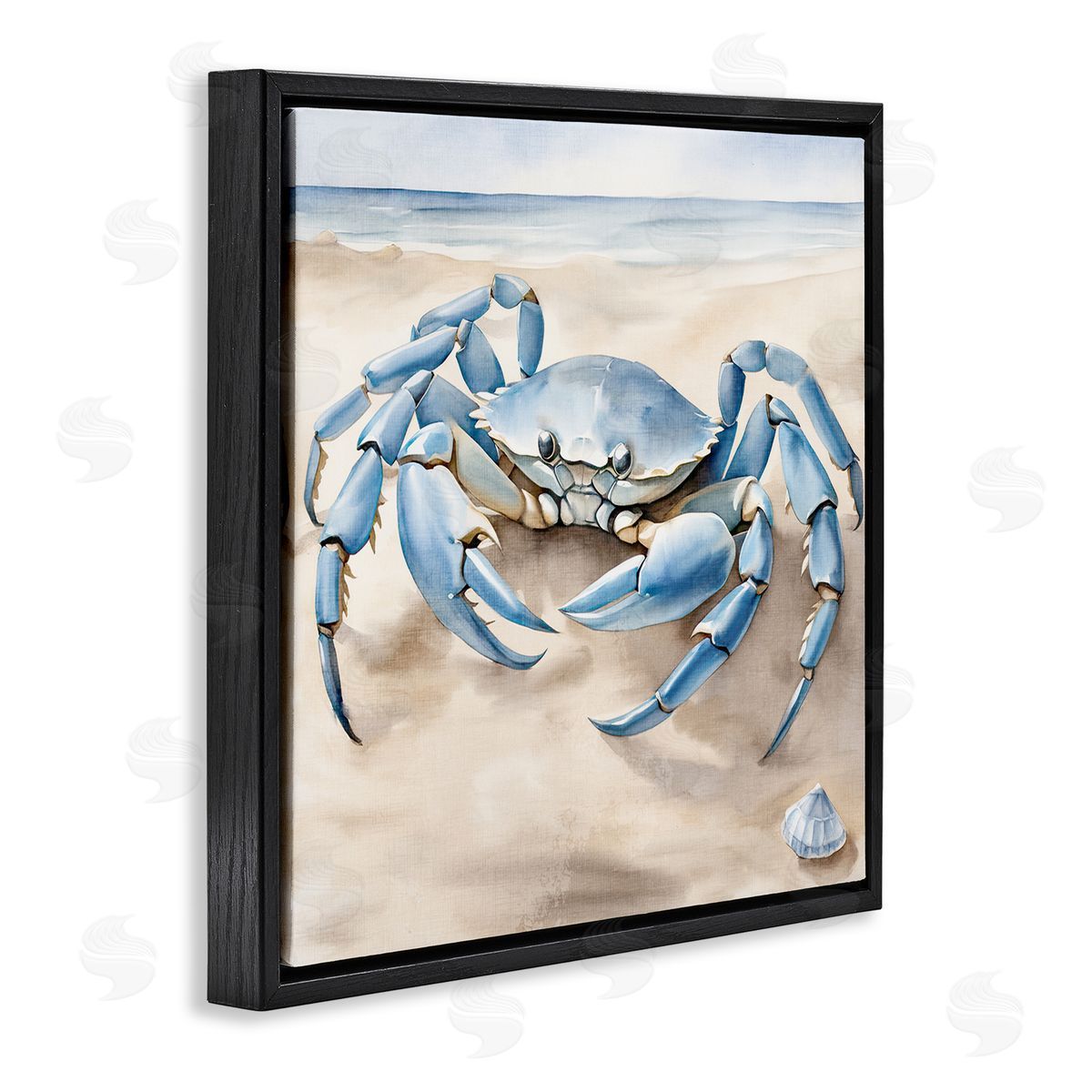 Blue Crab on Beach Black Floating Frame Canvas Wall Art, Home Decor by Kim Allen