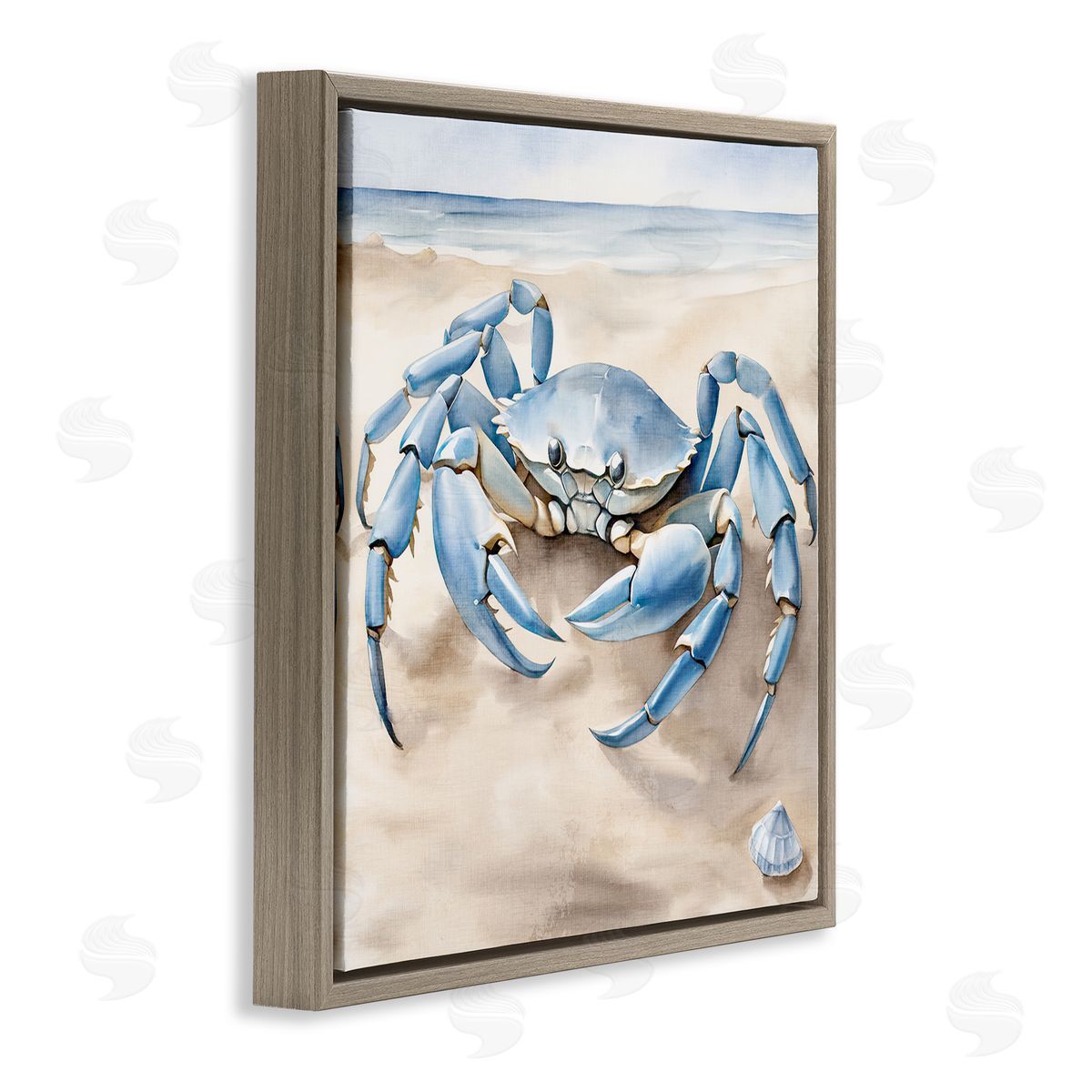 Blue Crab on Beach Brown Floating Frame Canvas Wall Art, Home Decor by Kim Allen