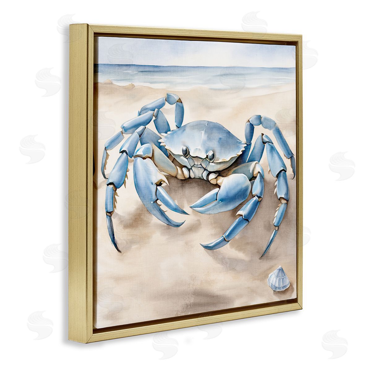 Blue Crab on Beach Gold Floating Frame Canvas Wall Art, Home Decor by Kim Allen