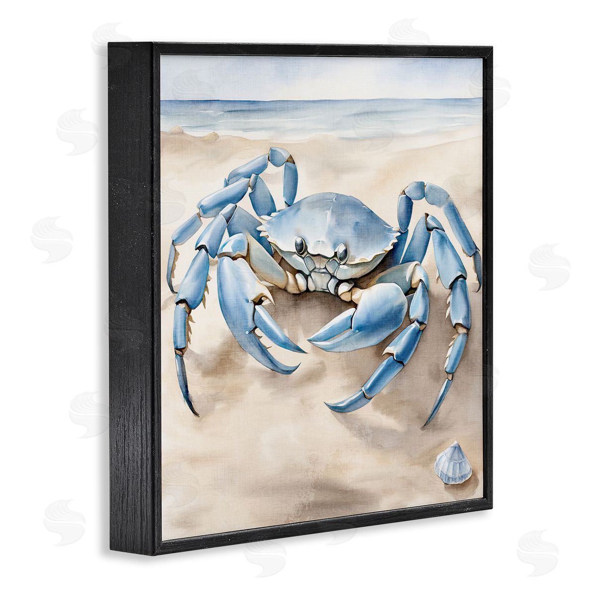 Blue Crab on Beach Black Frame Print Wall Art, Home Decor by Kim Allen