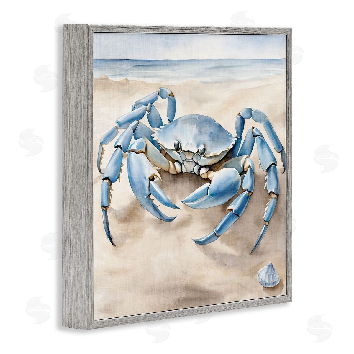 Blue Crab on Beach Grey Frame Print Wall Art, Home Decor by Kim Allen