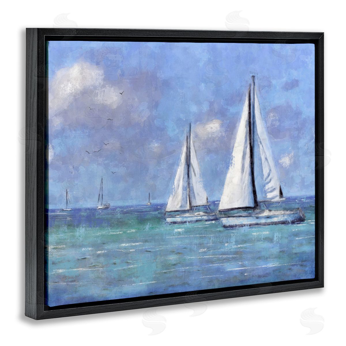 Sailing Day Sailboats Black Floating Frame Canvas Wall Art, Home Decor by Nina Blue