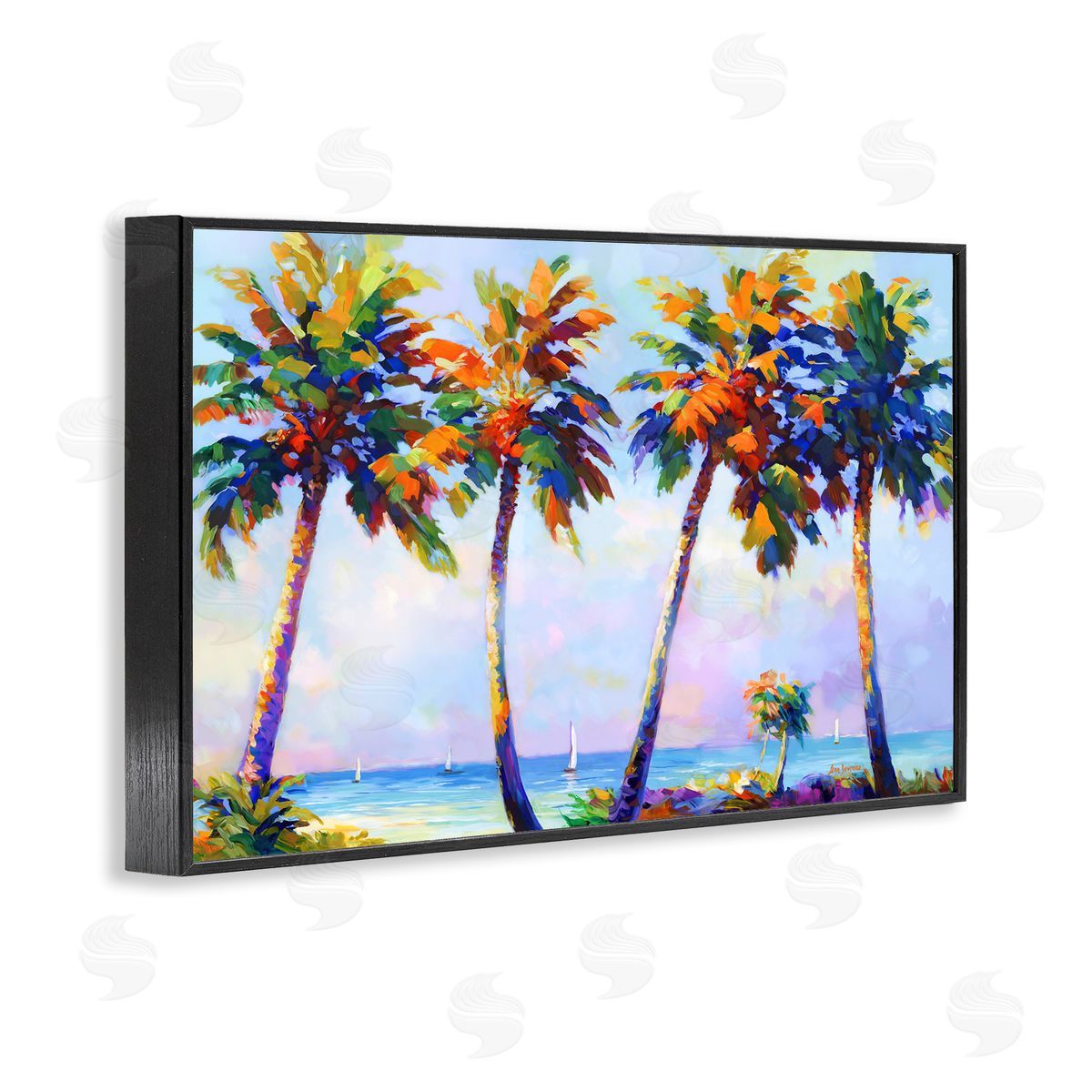 Palm Trees in Sun Warmth Black Frame Print Wall Art, Home Decor by Leon Devenice