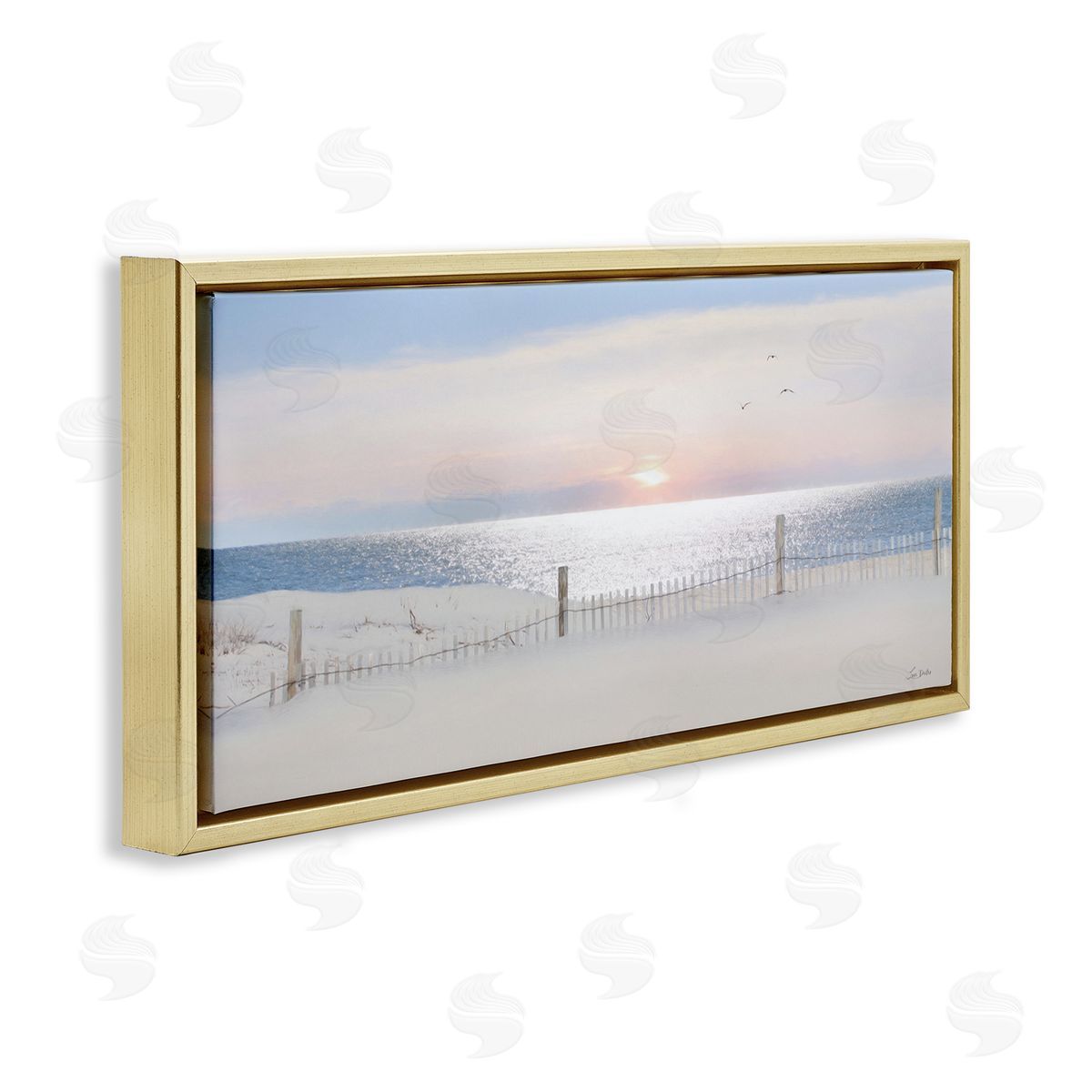 Fence Along Shore Gold Floating Frame Canvas Wall Art, Home Decor by Lori Deiter