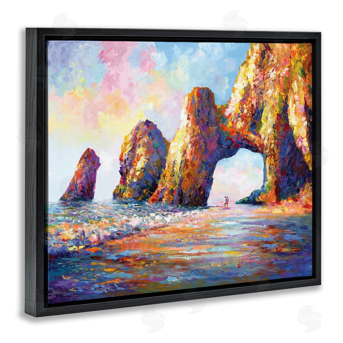 Couple Strolling Beach Arch Black Floating Frame Canvas Wall Art, Home Decor by Leon Devenice