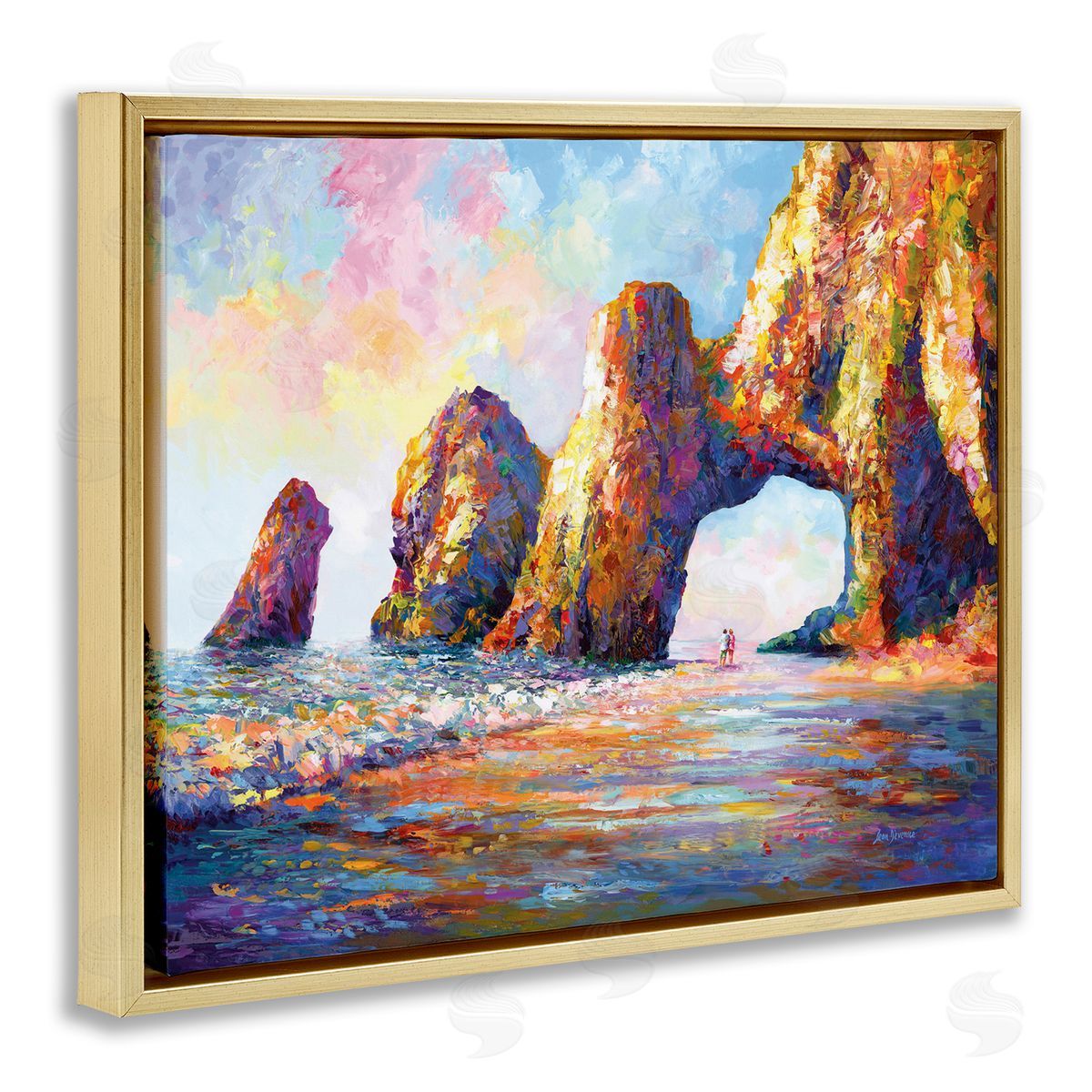 Couple Strolling Beach Arch Gold Floating Frame Canvas Wall Art, Home Decor by Leon Devenice