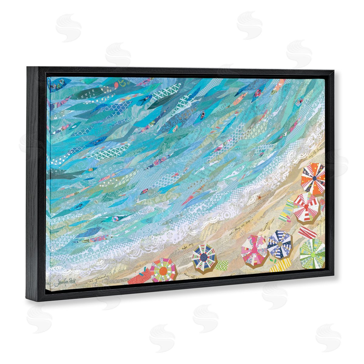 Collaged Aerial Beach View Black Floating Frame Canvas Wall Art, Home Decor by Jennifer Peck