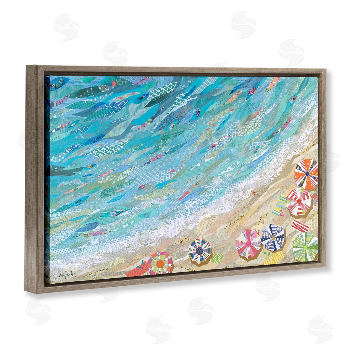 Collaged Aerial Beach View Brown Floating Frame Canvas Wall Art, Home Decor by Jennifer Peck