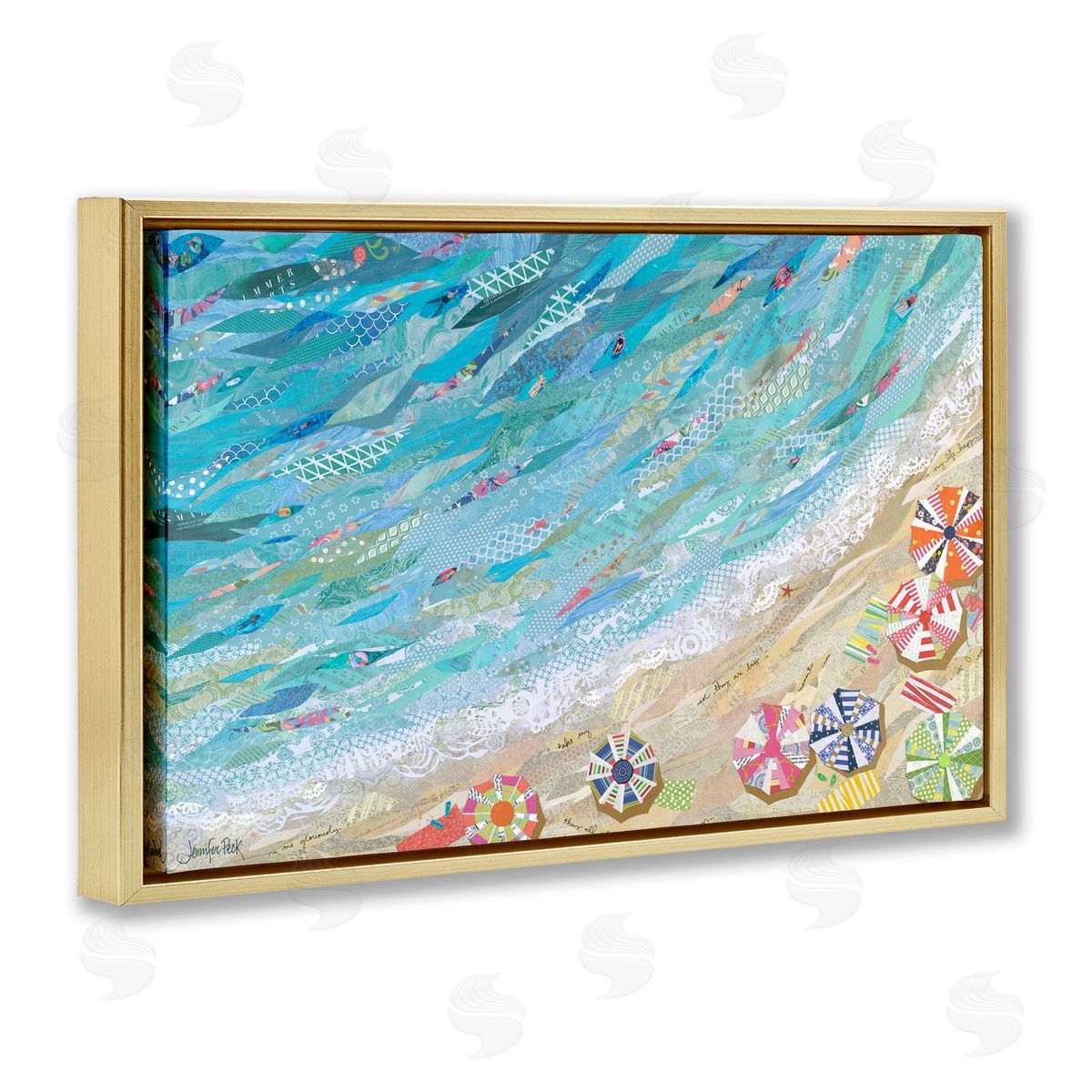 Collaged Aerial Beach View Gold Floating Frame Canvas Wall Art, Home Decor by Jennifer Peck