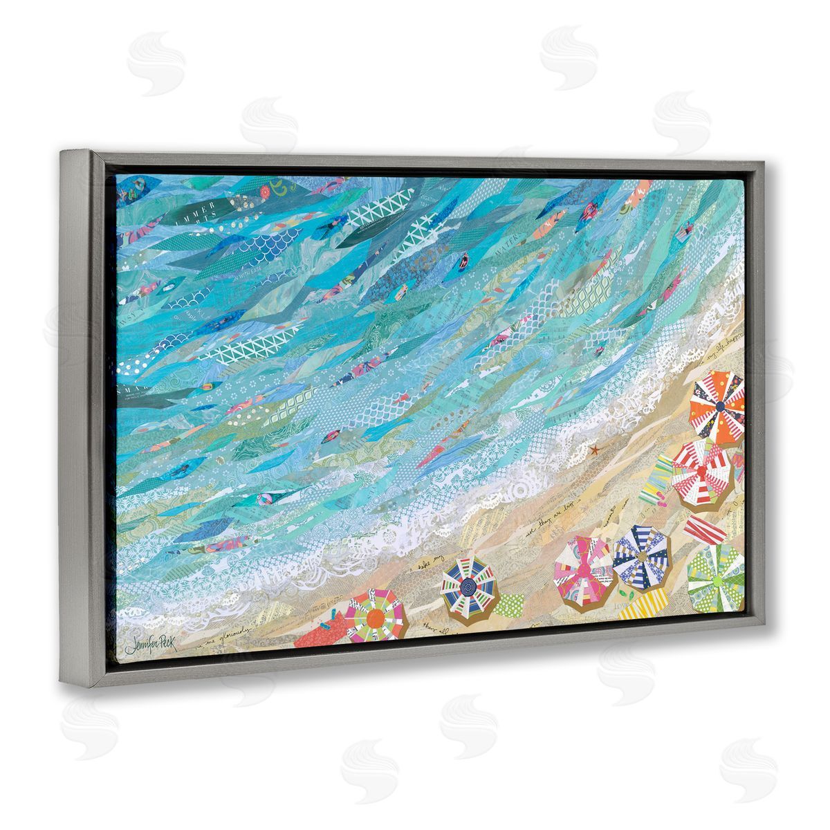 Collaged Aerial Beach View Grey Floating Frame Canvas Wall Art, Home Decor by Jennifer Peck