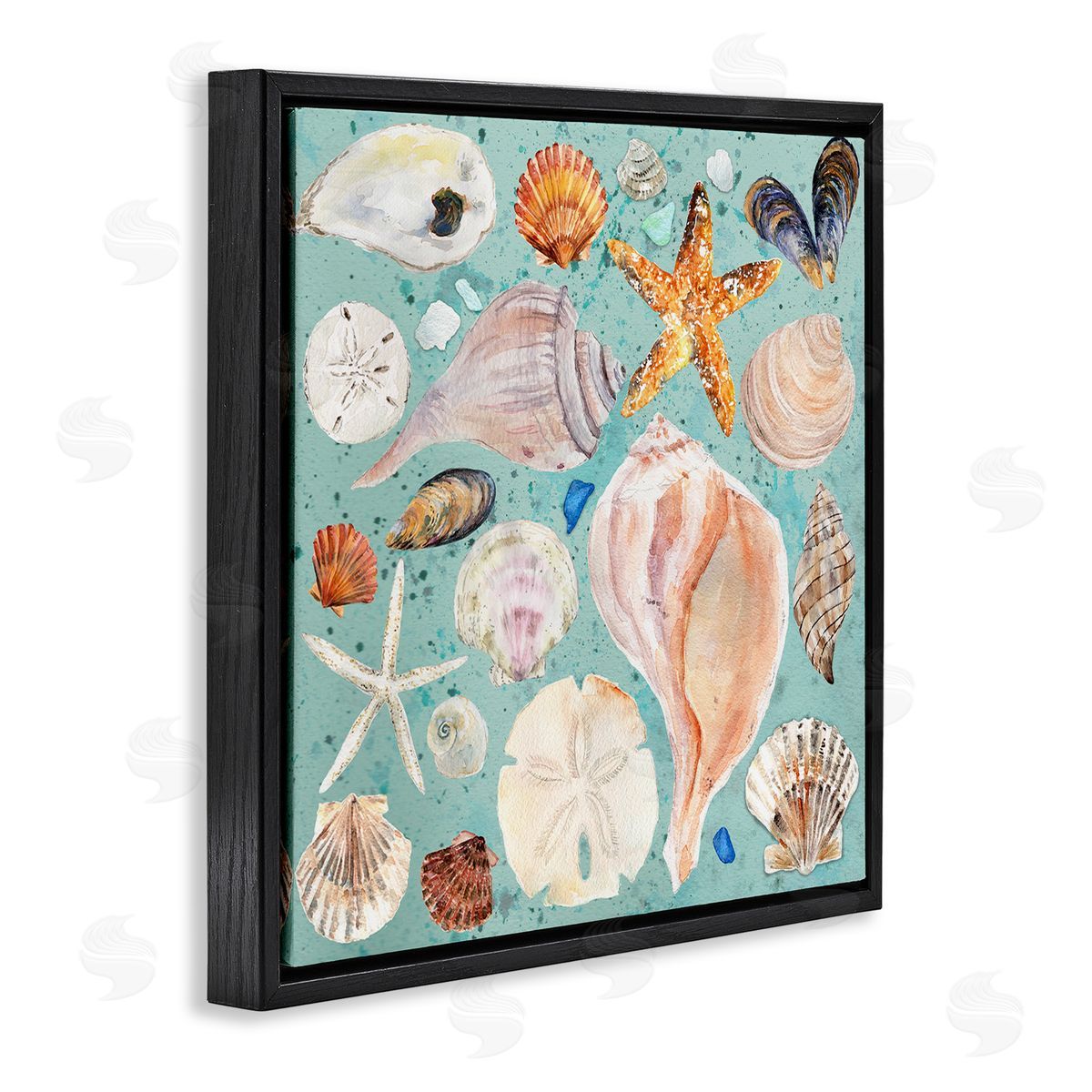 Seashell Puzzle Pattern Black Floating Frame Canvas Wall Art, Home Decor by Melissa Hyatt