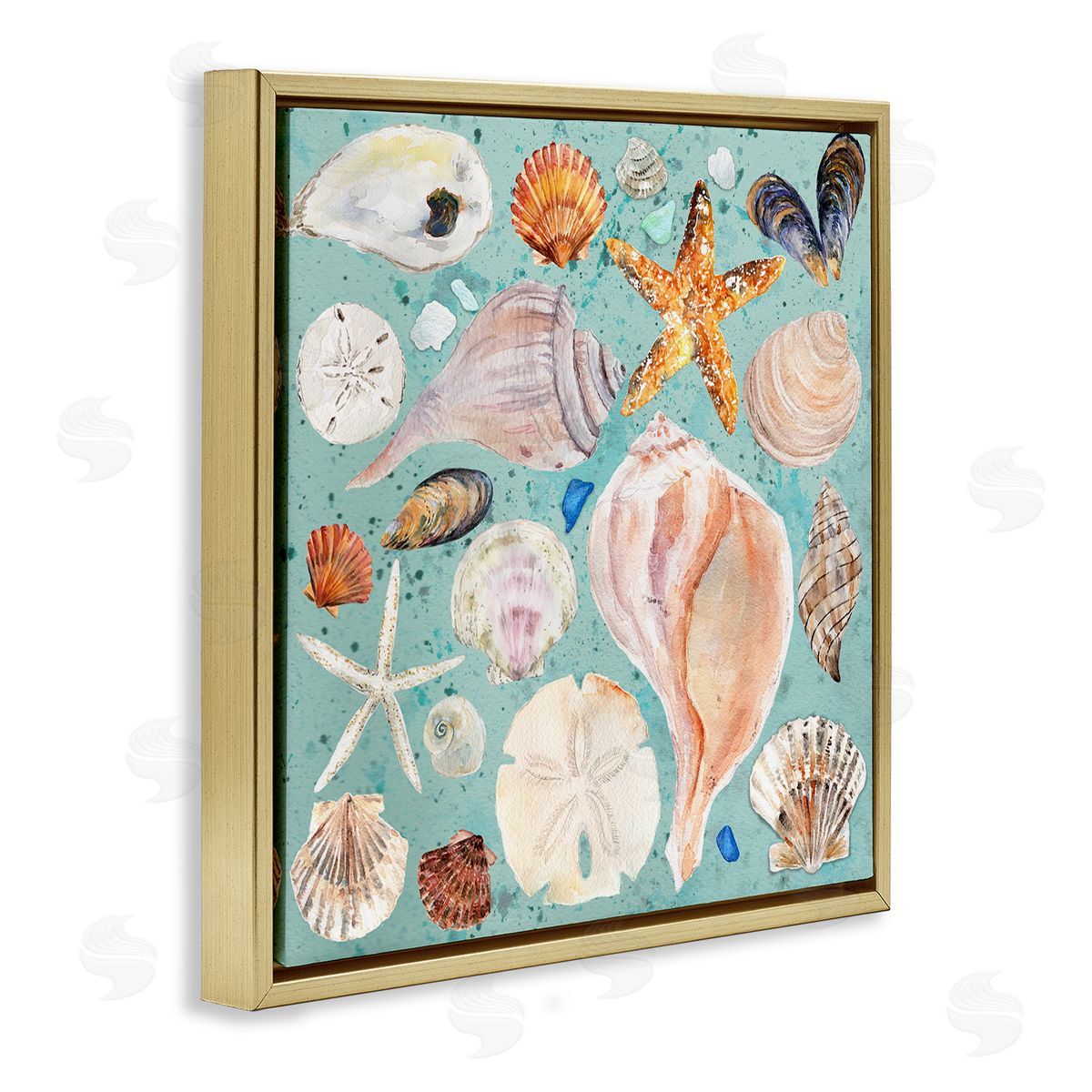 Seashell Puzzle Pattern Gold Floating Frame Canvas Wall Art, Home Decor by Melissa Hyatt