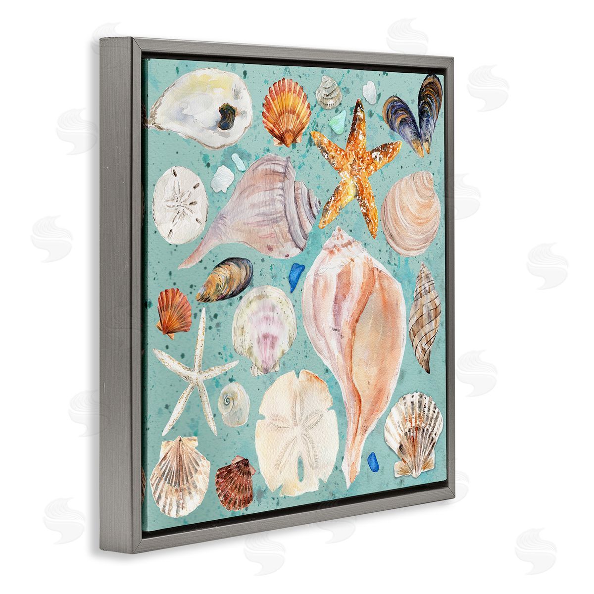 Seashell Puzzle Pattern Grey Floating Frame Canvas Wall Art, Home Decor by Melissa Hyatt