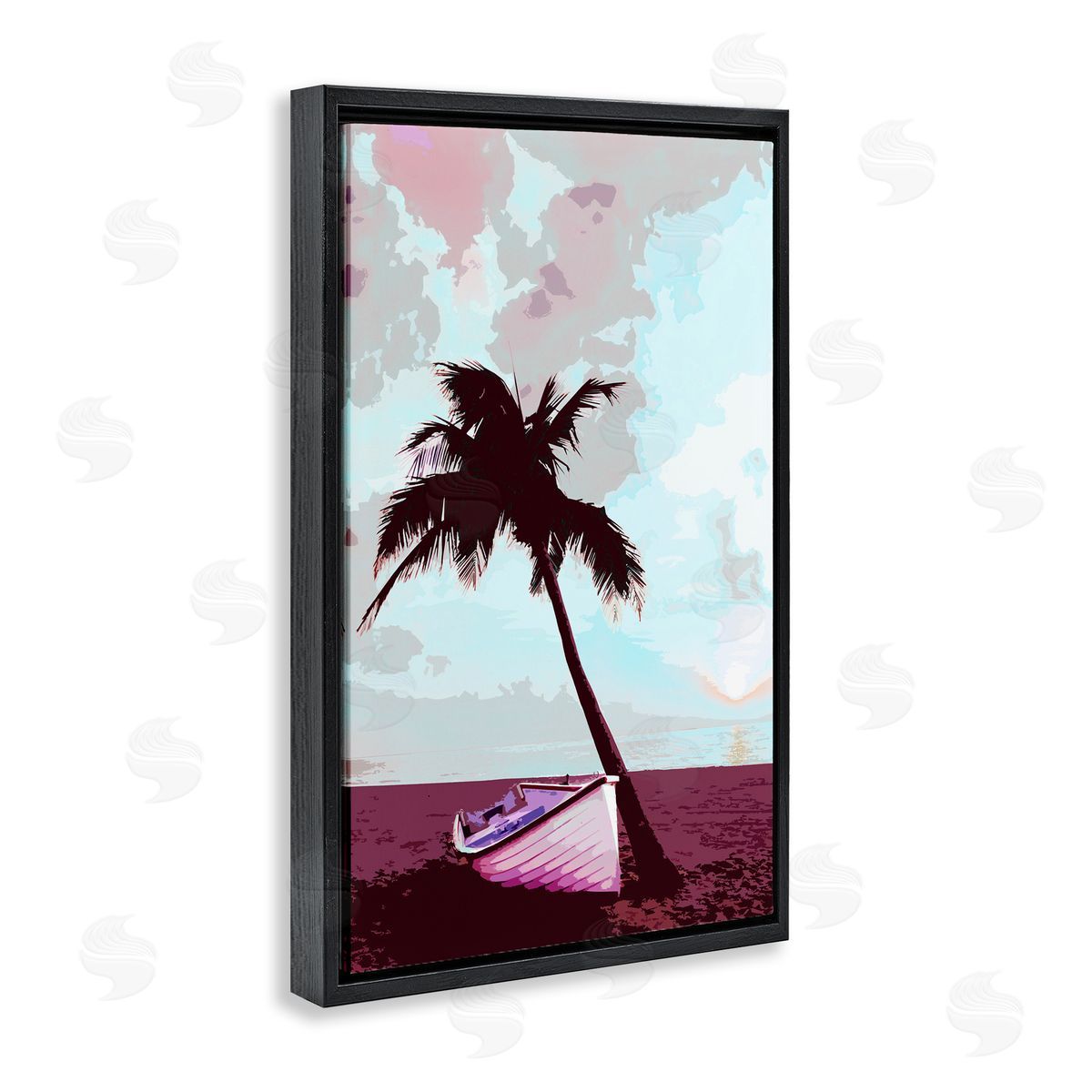Boat and Palm Tree Black Floating Frame Canvas Wall Art, Home Decor by Marcus Prime