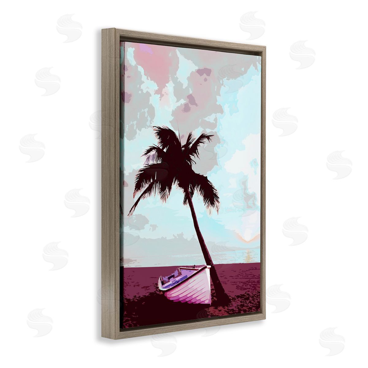Boat and Palm Tree Brown Floating Frame Canvas Wall Art, Home Decor by Marcus Prime