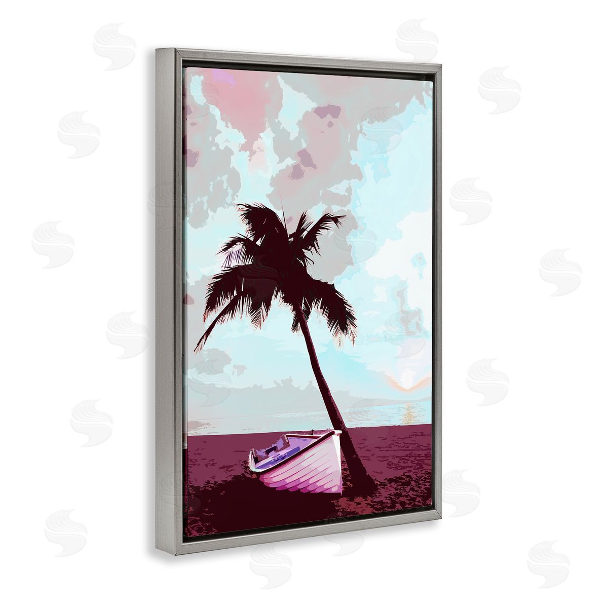 Boat and Palm Tree Grey Floating Frame Canvas Wall Art, Home Decor by Marcus Prime