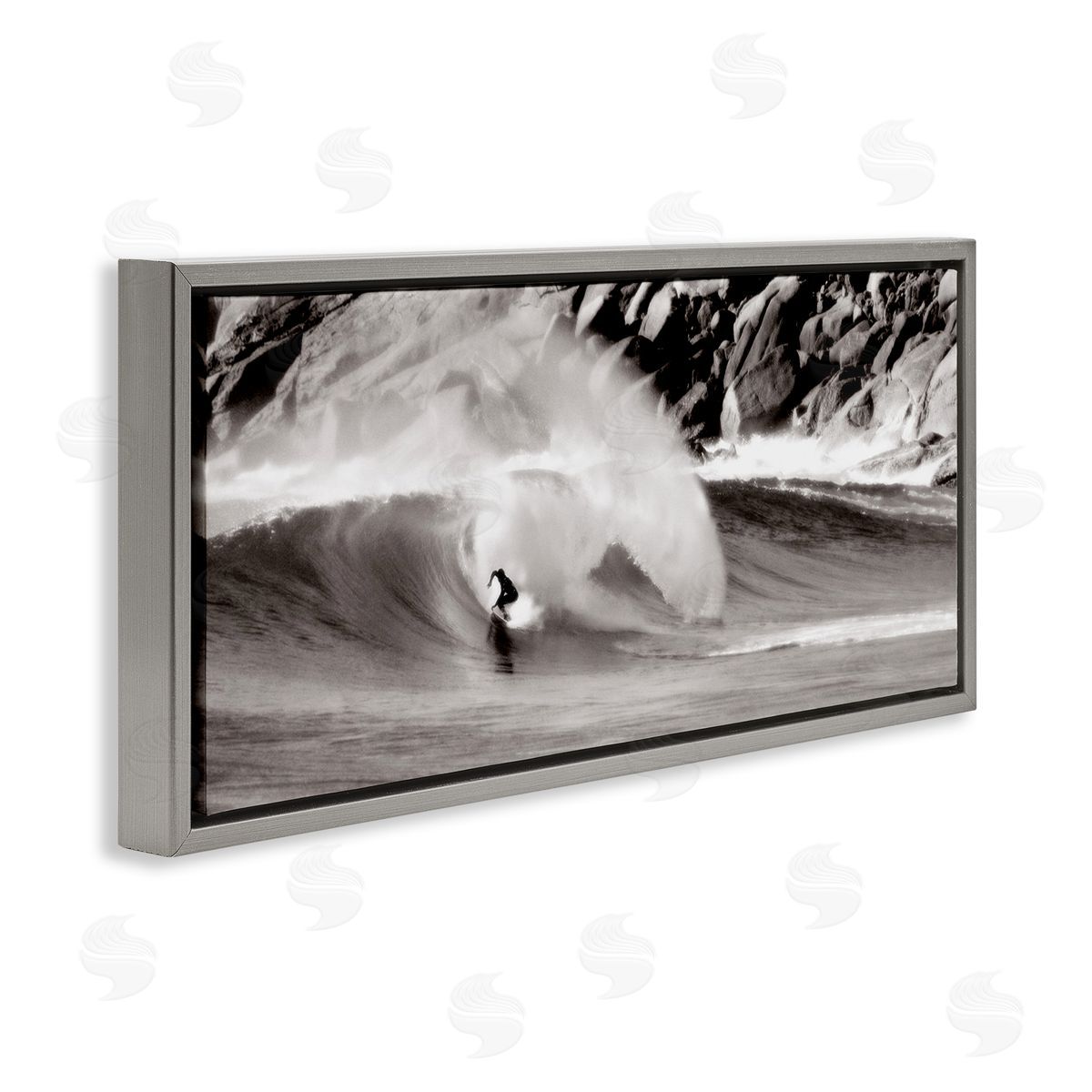 Surfing Reef Break Grey Floating Frame Canvas Wall Art, Home Decor by Noah Bay