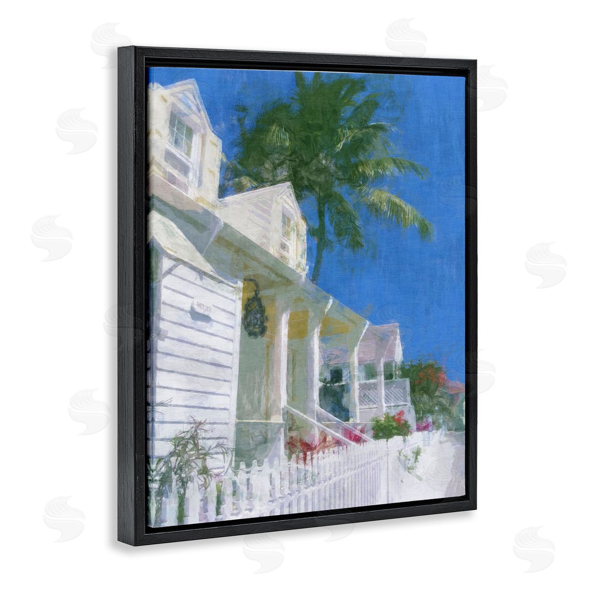 White Coastal Cottage Black Floating Frame Canvas Wall Art, Home Decor by Noah Bay