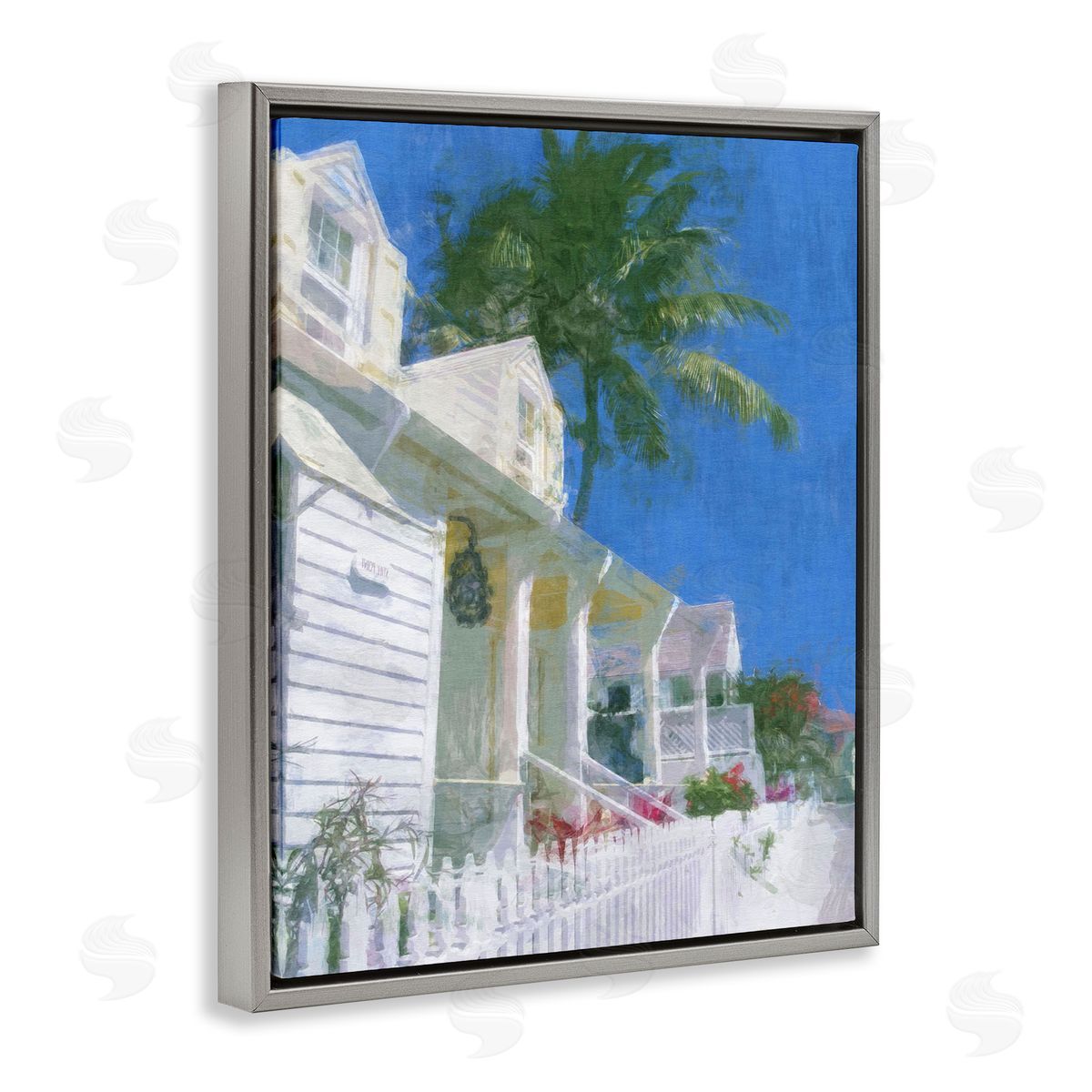 White Coastal Cottage Grey Floating Frame Canvas Wall Art, Home Decor by Noah Bay