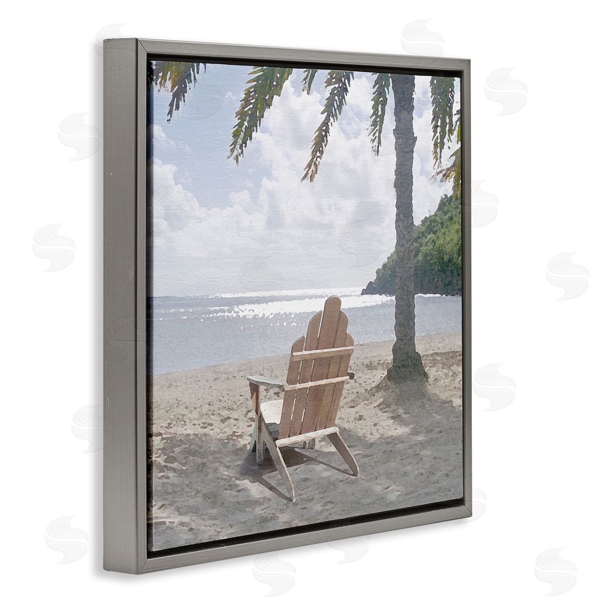 Chair Under Palm Tree Grey Floating Frame Canvas Wall Art, Home Decor by Noah Bay