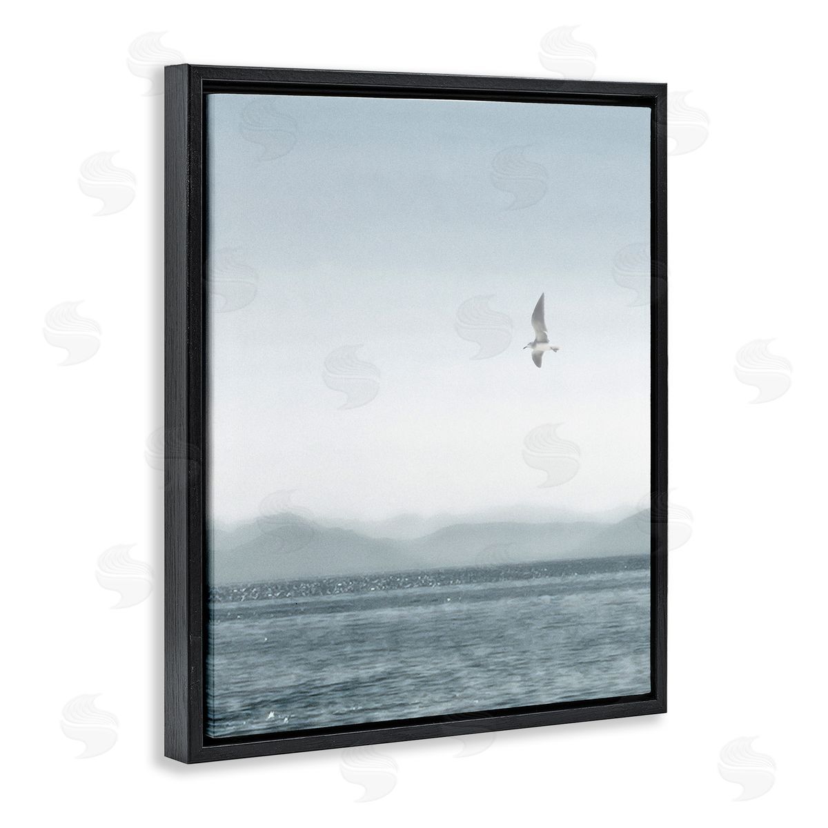 Lone Gull over Sea Black Floating Frame Canvas Wall Art, Home Decor by Noah Bay