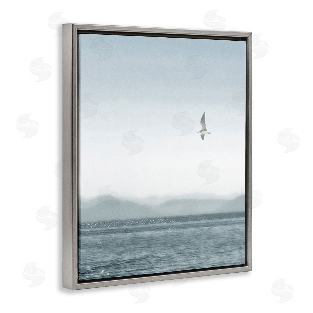 Lone Gull over Sea Grey Floating Frame Canvas Wall Art, Home Decor by Noah Bay