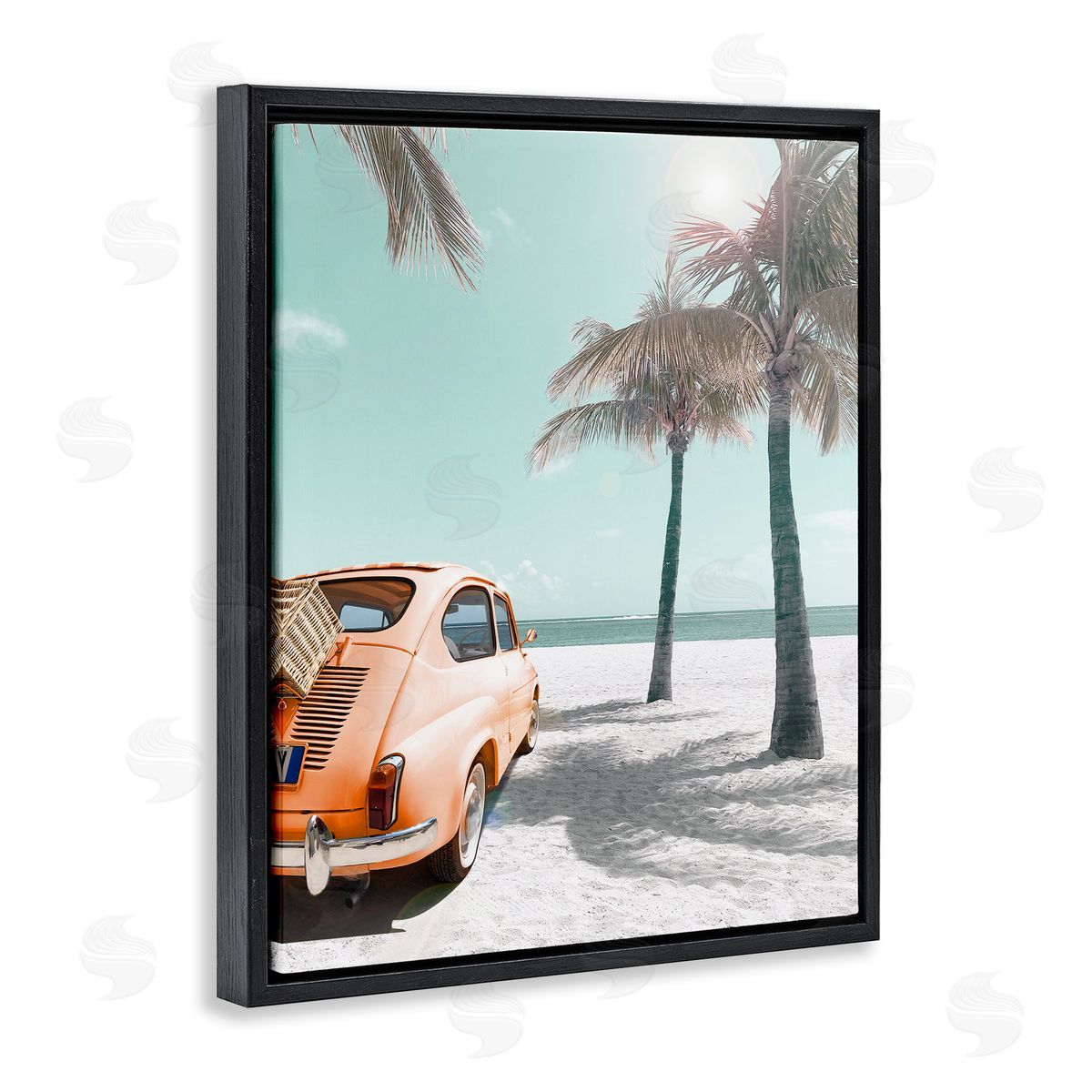 Orange Car on Beach Black Floating Frame Canvas Wall Art, Home Decor by Noah Bay