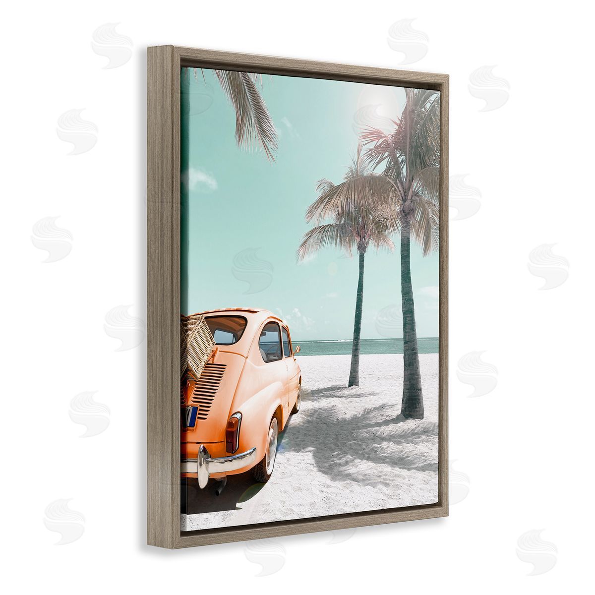 Orange Car on Beach Brown Floating Frame Canvas Wall Art, Home Decor by Noah Bay