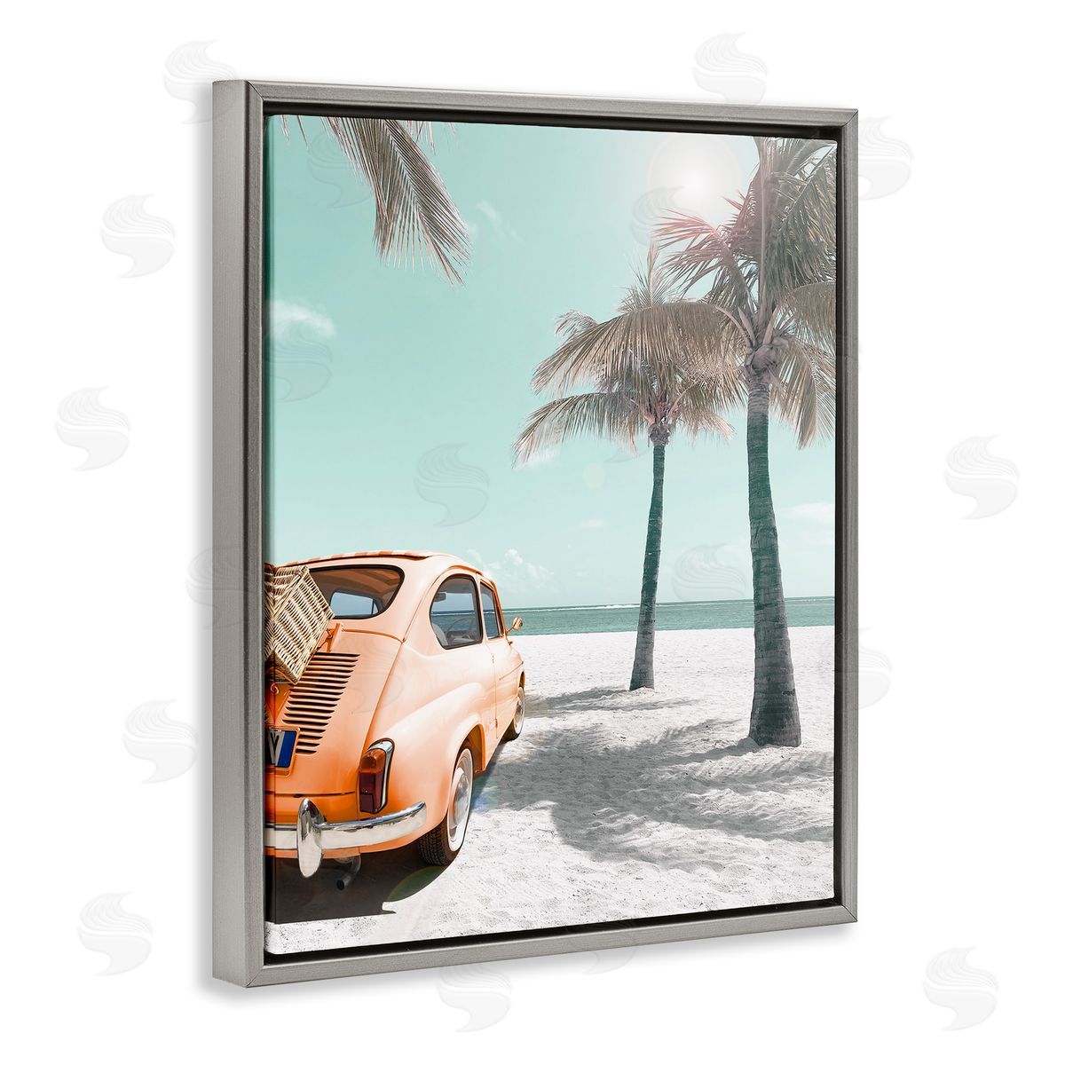 Orange Car on Beach Grey Floating Frame Canvas Wall Art, Home Decor by Noah Bay