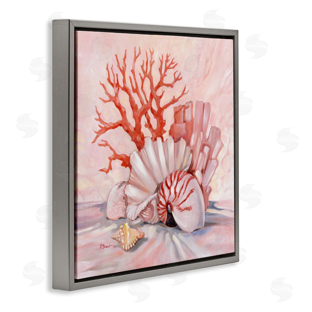 Pink Coral Still Life Grey Floating Frame Canvas Wall Art, Home Decor by Paul Brent
