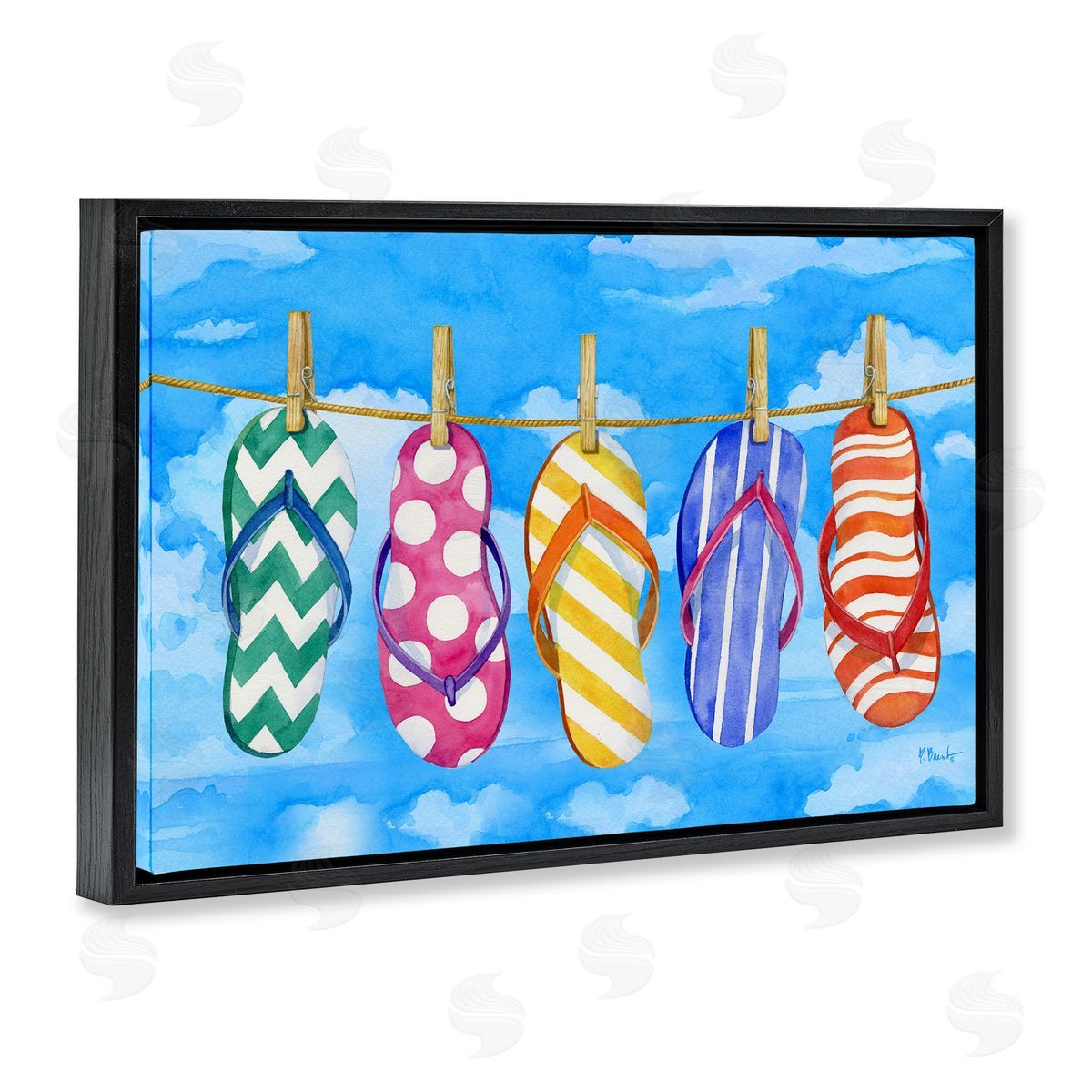 Flip Flops on Clothesline Black Floating Frame Canvas Wall Art, Home Decor by Paul Brent