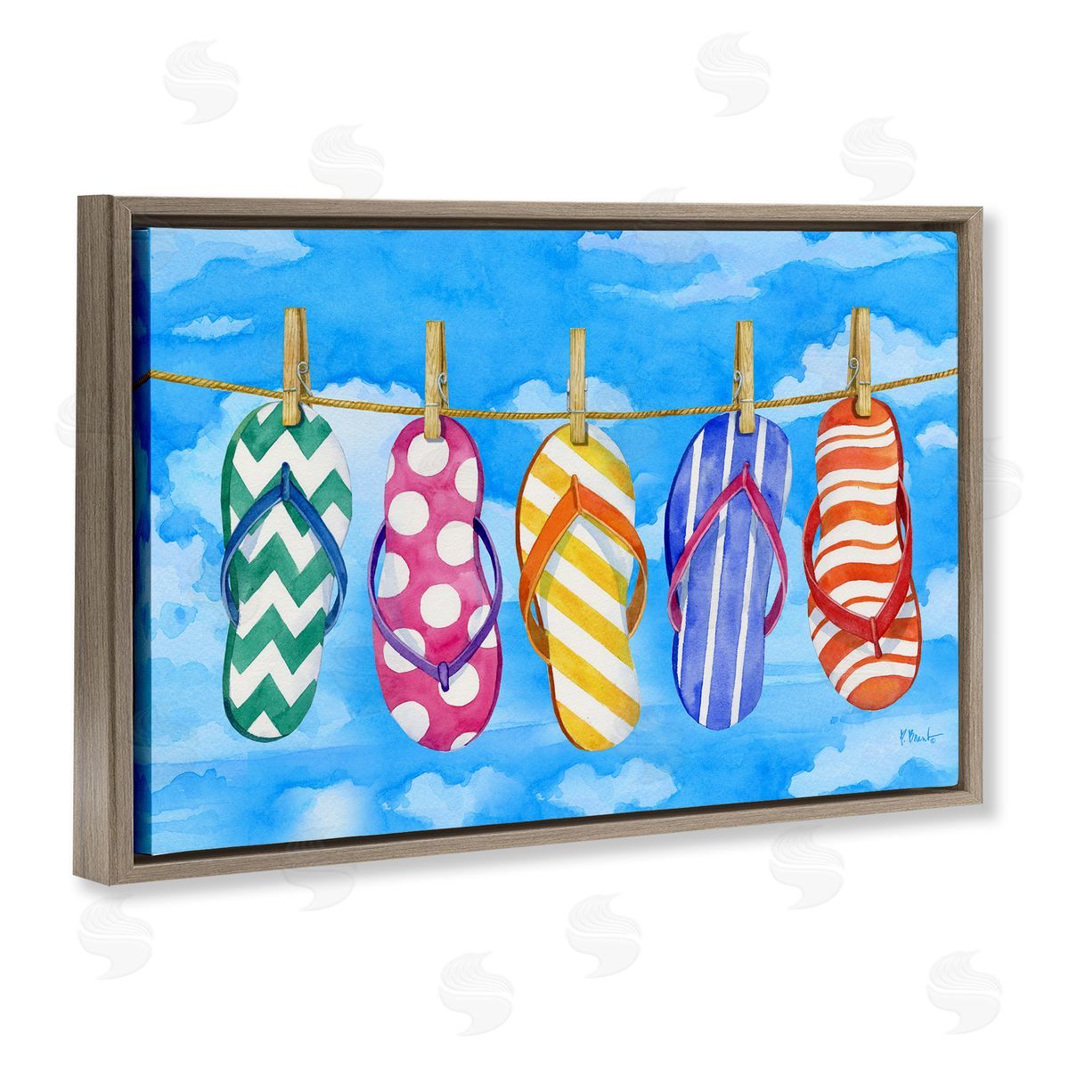 Flip Flops on Clothesline Brown Floating Frame Canvas Wall Art, Home Decor by Paul Brent